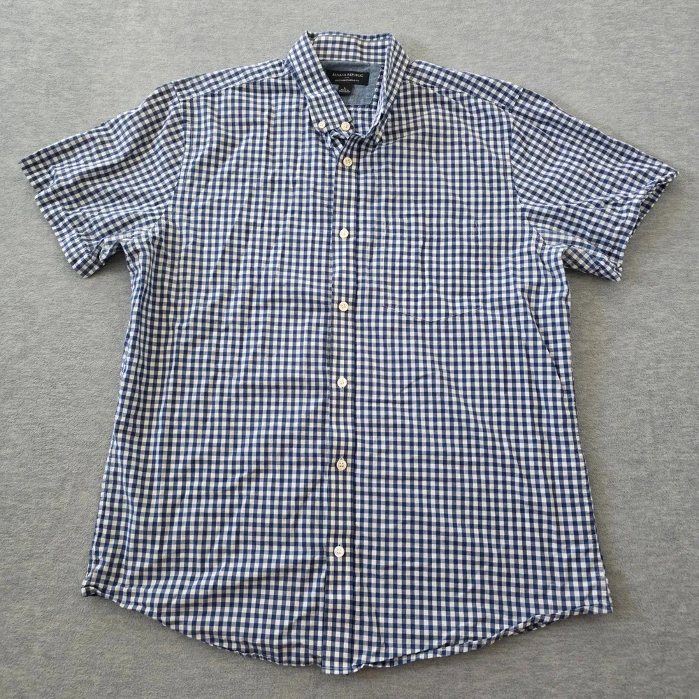 Banana Republic Mens Large Blue White Gingham Soft Wash Standard Fit SS Shirt